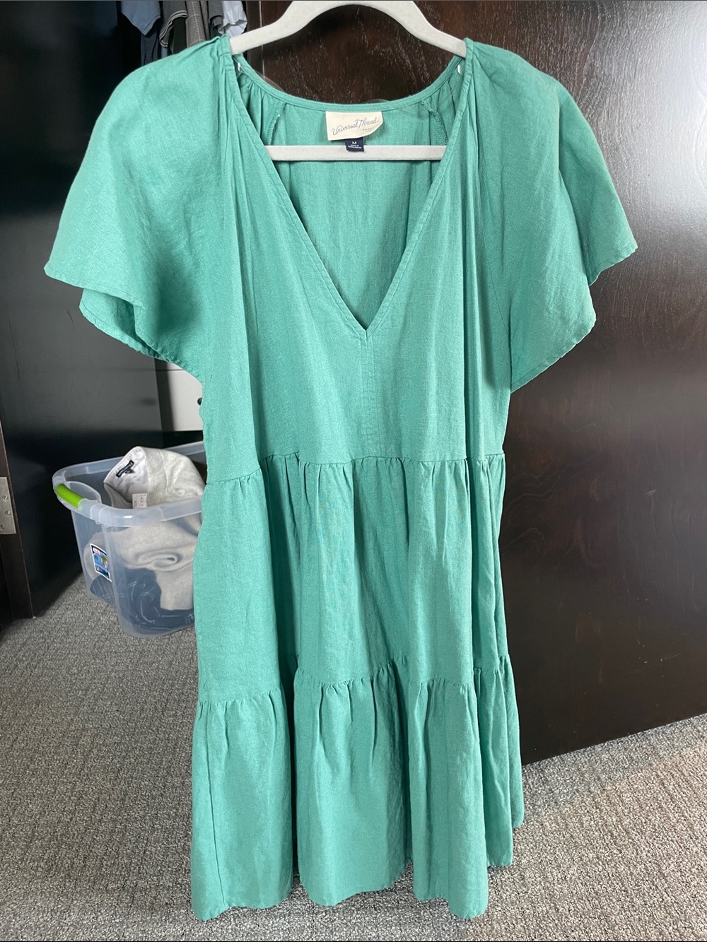 Universal Thread Teal V-Neck Tiered Midi Dress with Flutter Sleeves